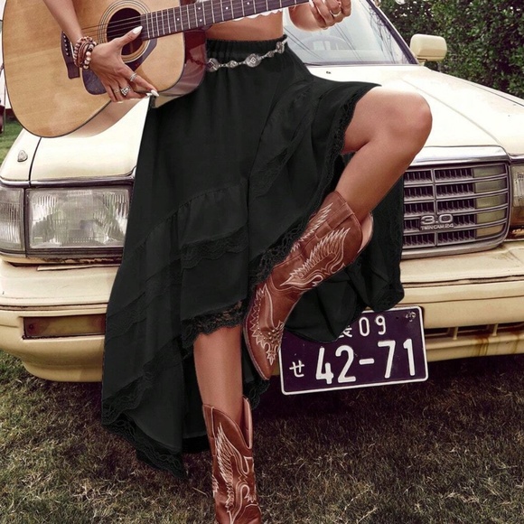 Boho Black lace High low Stretchy Waist Maxi Skirt - Picture 1 of 14